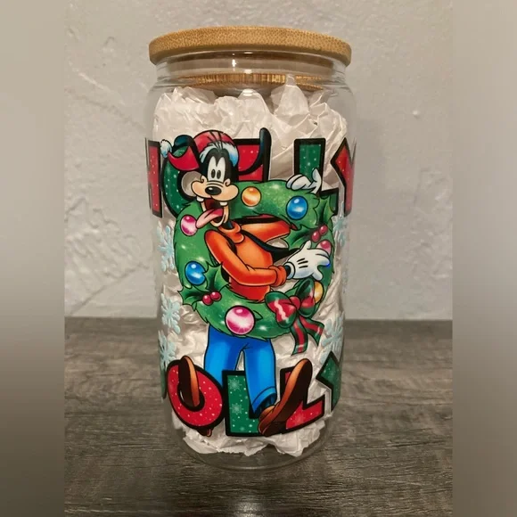 Hand Crafted Holly Jolly Goofy Glass Tumbler - Picture 3 of 7